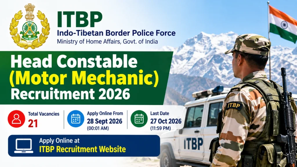 ITBP Head Constable (Motor Mechanic) Recruitment 2026 Notification Out, Apply Online For 21 Vacancies 1 ITBP Head Constable (Motor Mechanic) Recruitment 2026 Notification Out, Apply Online For 21 Vacancies