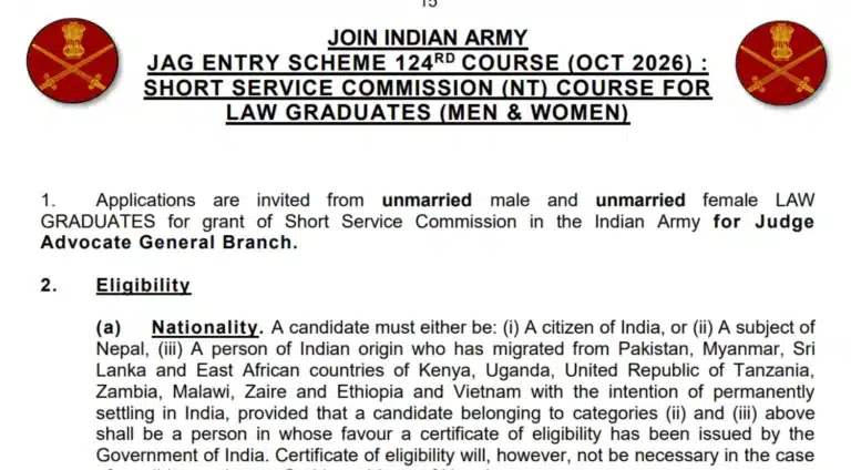 Indian Army JAG Entry 124th Course 2026 Notification Out
