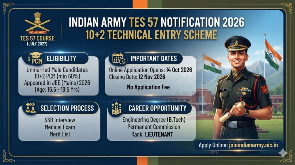 Indian Army TES 57 Notification 2026 Out for July 2027 Course, Apply Online from 14 October 1 Indian Army TES 57 Notification 2026 Out for July 2027 Course, Apply Online from 14 October