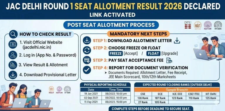 JAC Delhi Round 1 Seat Allotment Result 2026 Declared: Link Activated, Post Seat Allotment Process 3 JAC Delhi Round 1 Seat Allotment Result 2026