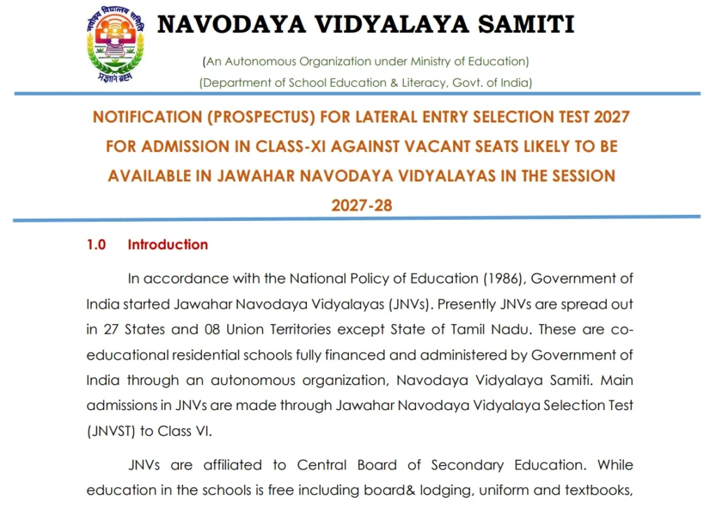 JNVST Class 11 Lateral Entry Admission 2027-28 Notification Out, Apply Online for Jawahar Navodaya Vidyalaya 1 JNVST Class 11 Lateral Entry Admission 2027-28 Notification Out, Apply Online for Jawahar Navodaya Vidyalaya