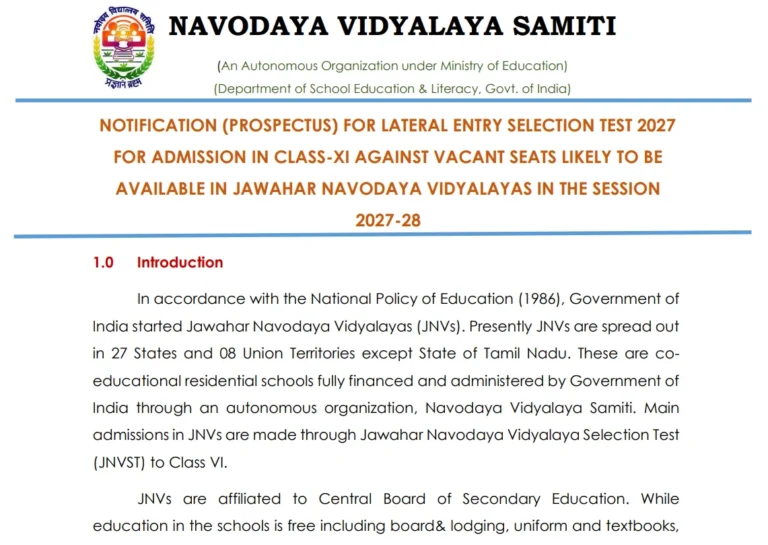 JNVST Class 11 Lateral Entry Admission 2027-28 Notification Out, Apply Online for Jawahar Navodaya Vidyalaya 36 JNVST Class 11 Lateral Entry Admission 2027-28 Notification Out, Apply Online for Jawahar Navodaya Vidyalaya