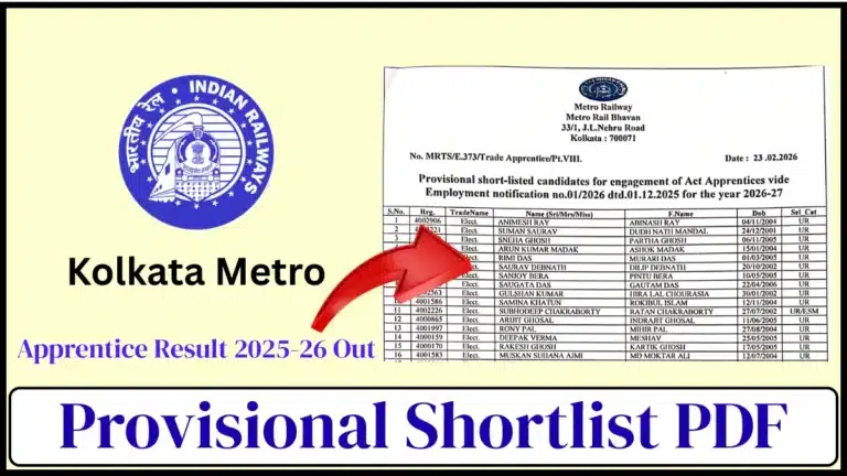 Kolkata Metro Apprentice Result 2025-26 Out @mtp.indianrailways.gov.in, Provisional Shortlist PDF, Next Steps, Direct Link Active 22 Kolkata Metro Apprentice Result 2025-26