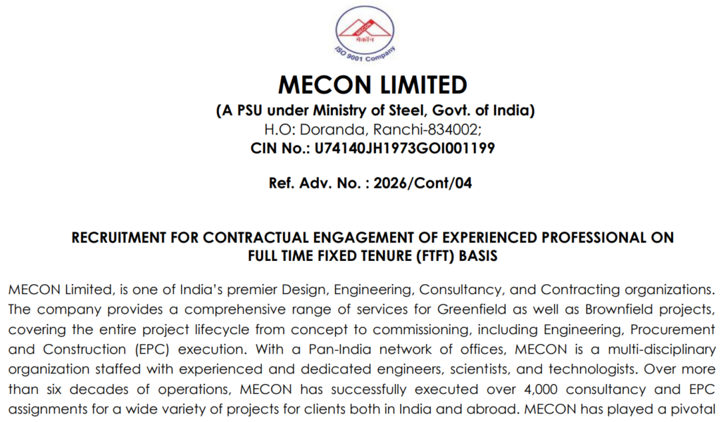 MECON Recruitment 2026: 159 FTFT Engineer Posts – Apply Online 1 MECON Recruitment 2026