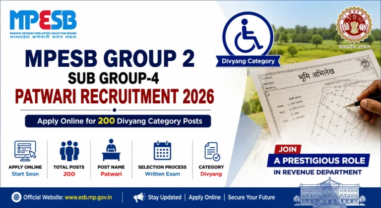 MPESB Group 2 Sub Group 4 Patwari Recruitment 2026, Apply Online for 200 Divyang Category Posts 40 MPESB Group 2 Sub Group 4 Patwari Recruitment 2026, Apply Online for 200 Divyang Category Posts