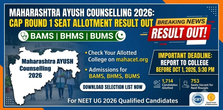 Maharashtra AYUSH Counselling 2026 CAP Round 1 Seat Allotment Result Out for BAMS BHMS BUMS