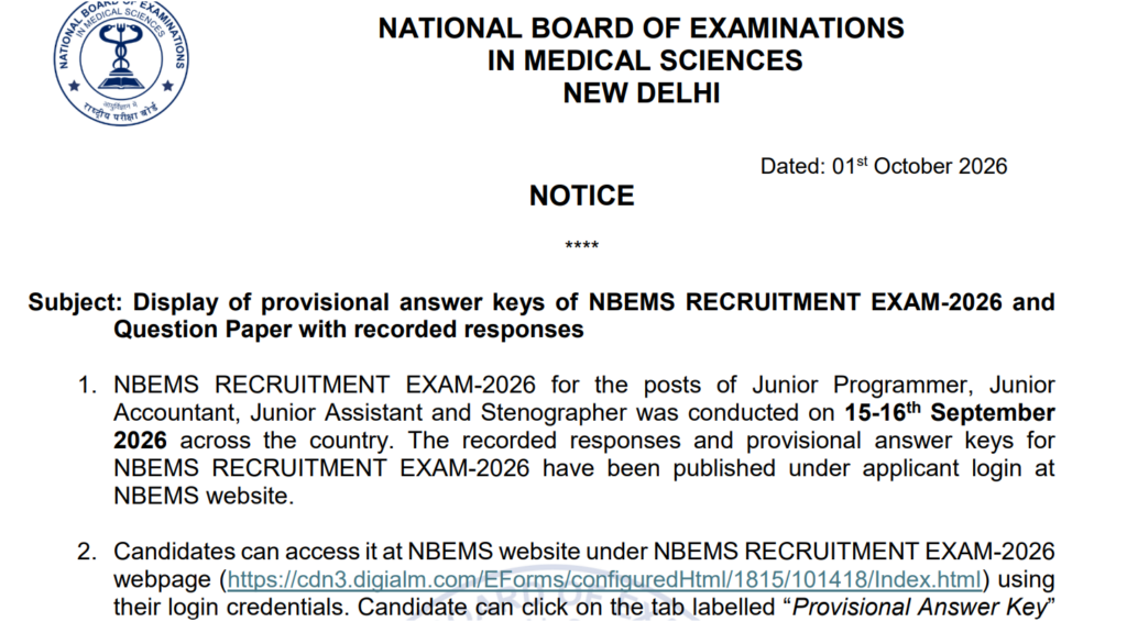 NBEMS Answer Key 2026 Out @natboard.edu.in on 2nd October, Link Active & Download Response Sheet PDF 1 NBEMS Answer Key 2026 Out @natboard.edu.in, Link Active & Download Response Sheet PDF