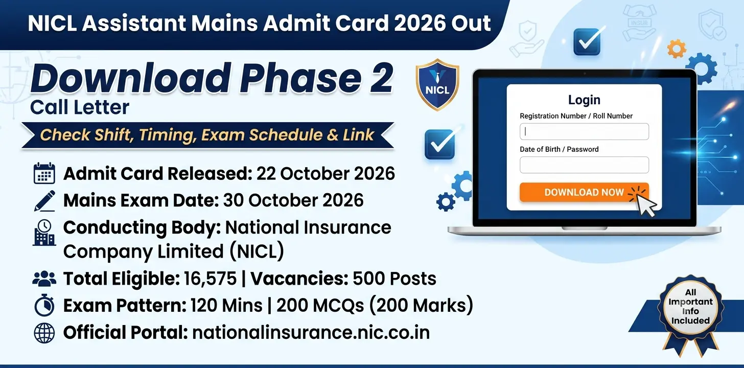 NICL Assistant Mains Admit Card 2026 Out: Check Shift, Timing, Exam Schedule & Link 1 NICL Assistant Mains Admit Card 2026 Out Check Shift, Timing, Exam Schedule & Link