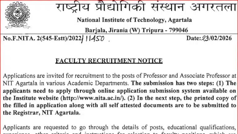 NIT Agartala Faculty Recruitment 2026 Notification Out, Apply Online for Professor & Associate Professor Posts 27 NIT Agartala Faculty Recruitment 2026
