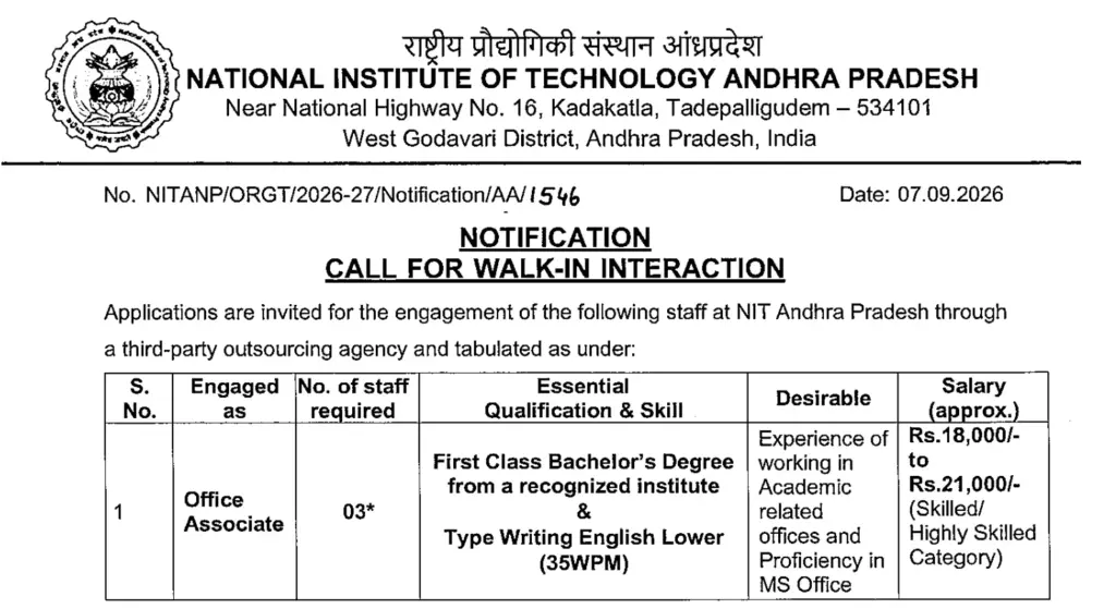 NIT Andhra Pradesh Office Associate Recruitment 2026 Notification Out – Walk-in on 08 October 1 NIT Andhra Pradesh Office Associate Recruitment 2026 Notification Out – Walk-in on 08 October