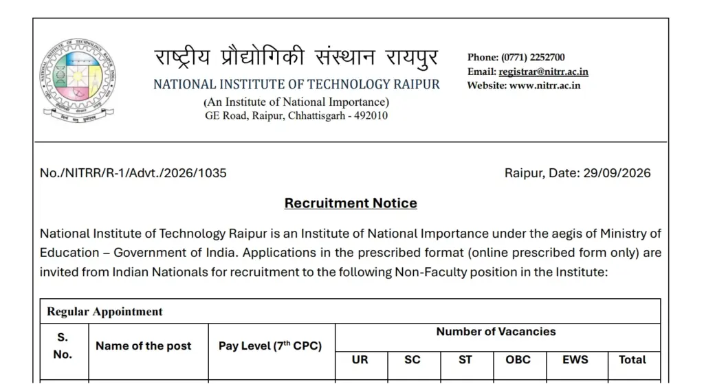 NIT Raipur Non-Teaching Recruitment 2026 Notification Out, Apply Online for Technician, Office Attendant & More Posts 1 NIT Raipur Non-Teaching Recruitment 2026 Notification Out for 37 Vacancies – Apply Online