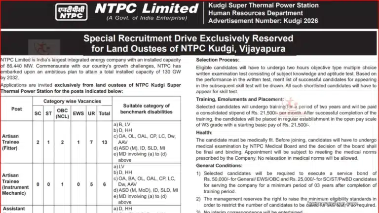 NTPC Kudgi Artisan Trainee and Assistant Trainee Recruitment 2026, Check Eligibility, Dates and How to Apply 37 NTPC Kudgi Artisan Trainee and Assistant Trainee Recruitment 2026