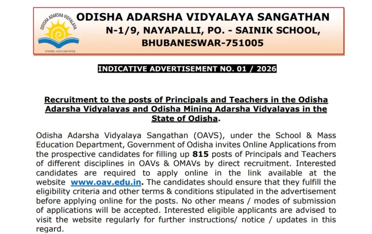 OAVS Teacher Recruitment 2026 Notification Out for 815 Principal and Teacher Vacancies 38 OAVS Teacher Recruitment 2026 Notification Out for 815 Principal and Teacher Vacancies