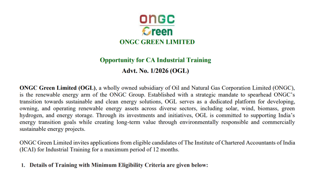 ONGC Green Limited CA Industrial Training 2026 Notification Out, Apply Online 1 ONGC Green Limited CA Industrial Training 2026 Notification Out, Apply Online