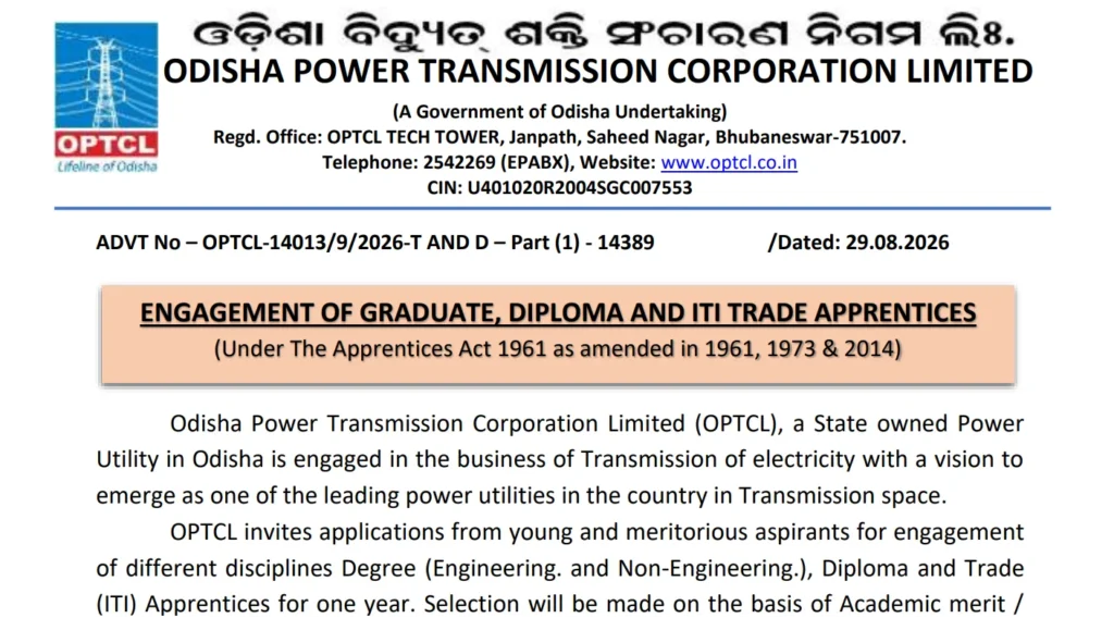 OPTCL Apprentice Recruitment 2026 Notification Out (100 Posts), Apply Online Begins 1 OPTCL Apprentice Recruitment 2026 Notification Out (100 Posts), Apply Online Begins
