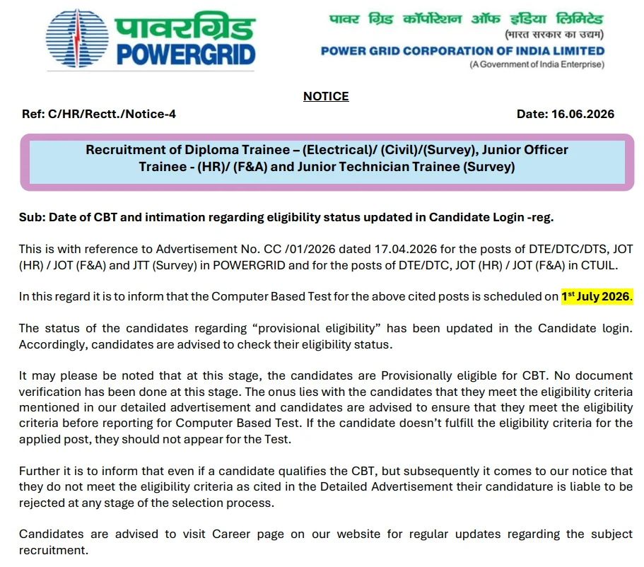 PGCIL Non-Executive Exam Date 2026 Out, Check Exam Schedule for Diploma Trainee, Junior Officer Trainee and Junior Technician Trainee 2 PGCIL Non-Executive Exam Date 2026