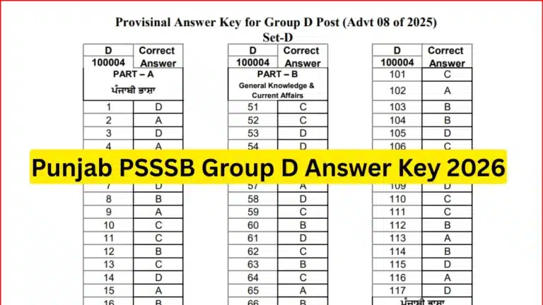 Punjab PSSSB Group D Answer Key 2026 Out, Raise Objections Invited via Email from April 7-9 25 Punjab PSSSB Group D Answer Key 2026