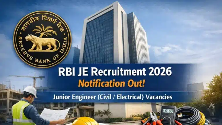 RBI JE Recruitment 2026 Notification Out, Edit Window Active for Junior Engineer (Civil/Electrical) Vacancies 26 Banner announcing RBI JE Recruitment 2026 with RBI seal and a modern office building in the background; text reads 'RBI JE Recruitment 2026 Notification Out'.
