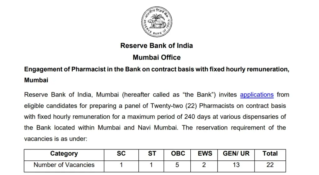 RBI Pharmacist Recruitment 2026: Apply for 22 Pharmacist Posts in Mumbai at ₹600 Per Hour 1 RBI Pharmacist Recruitment 2026 Apply for 22 Pharmacist Posts in Mumbai at ₹600 Per Hour