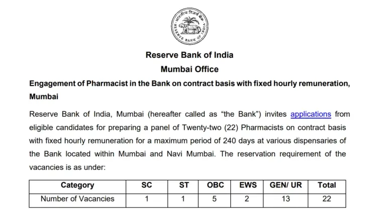 RBI Pharmacist Recruitment 2026: Apply for 22 Pharmacist Posts in Mumbai at ₹600 Per Hour 10 RBI Pharmacist Recruitment 2026 Apply for 22 Pharmacist Posts in Mumbai at ₹600 Per Hour