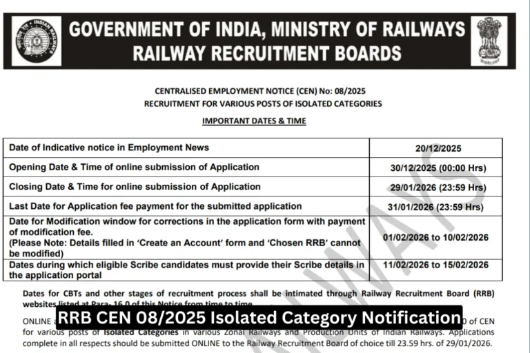 RRB CEN 08/2025 Isolated Category 312 Vacancy 2026 Announced, Apply Online by 29th Jan 33 RRB CEN 082025 Isolated Category Notification