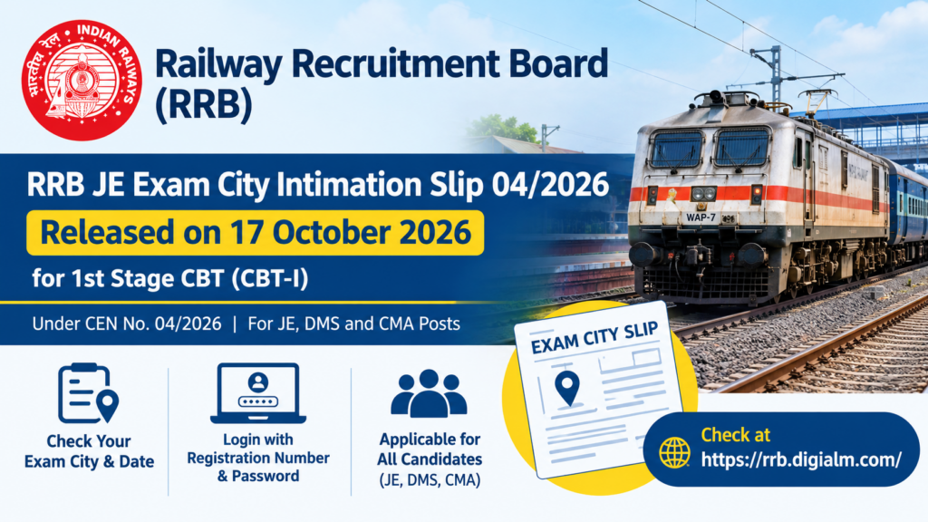 RRB JE Exam City Intimation Slip 04/2026 Out, CBT-I Exam City & Date Link Active 1 RRB JE Exam City Intimation Slip 04/2026 Out, CBT-I Exam City & Date Link Active