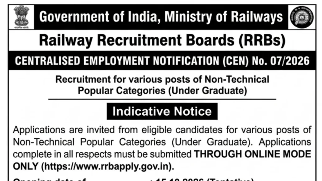 RRB NTPC UG 07/2026 Notification Out, Apply Online For 1,688 Vacancies 1 RRB NTPC UG 07/2026 Notification Out, Apply Online For 1,688 Vacancies