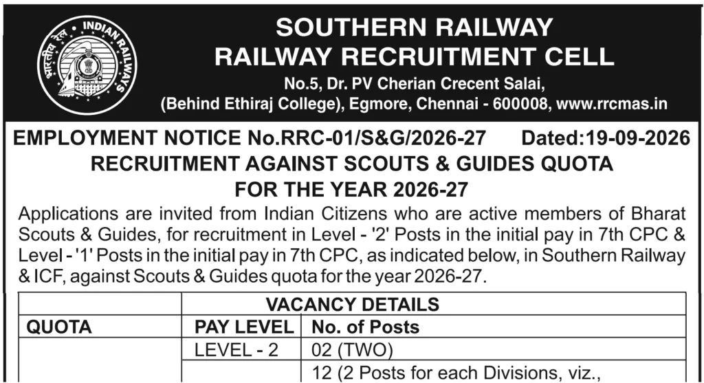 RRC SR Scouts & Guides Vacancy 2026-27 Out @rrcmas.in, 17 Level 1 & Level 2 Posts, Apply Online 1 RRC SR Scouts & Guides Vacancy 2026-27 Out @rrcmas.in, 17 Level 1 & Level 2 Posts, Apply Online