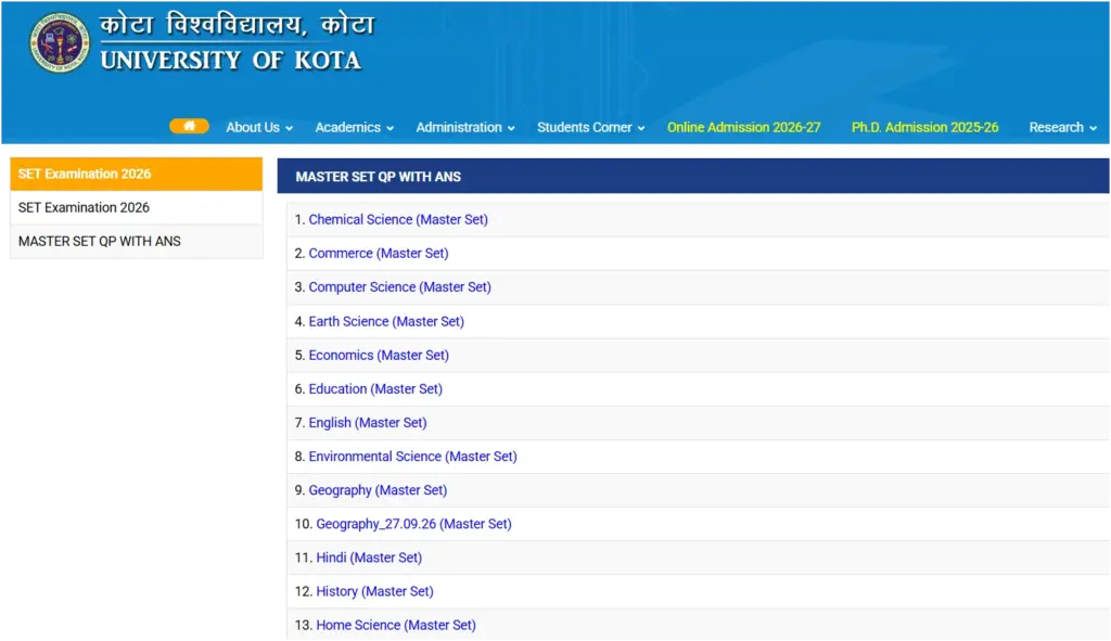 Rajasthan SET Answer Key 2026 Released — Check Subject-Wise PDFs 1 Rajasthan SET Answer Key 2026 PDF download University of Kota