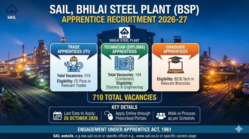 SAIL BSP Apprentice Recruitment 2026 Notification Out for 710 Vacancies, Opportunity at Bhilai Steel Plant 1 SAIL BSP Apprentice Recruitment 2026 Notification Out for 710 Vacancies, Opportunity at Bhilai Steel Plant