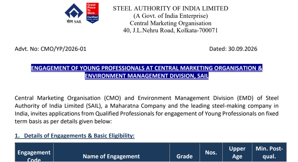 SAIL Young Professional Recruitment 2026 Notification Out for 11 Vacancies – Apply Online till 15 October 2 SAIL Young Professional Recruitment 2026