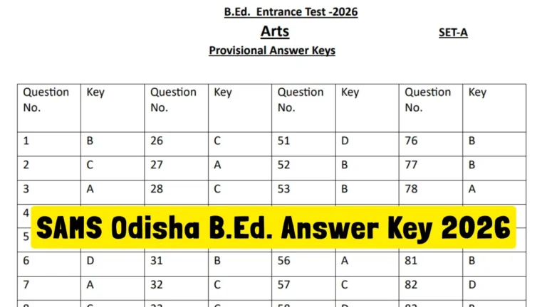 SAMS Odisha B.Ed. Answer Key 2026 OUT, Download Provisional Answer Key PDF Set-Wise 37 SAMS Odisha B.Ed. Answer Key 2026