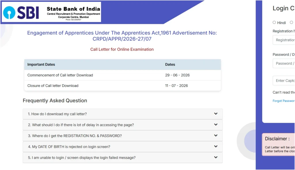 SBI Apprentice Admit Card 2026 Out for 7150 Vacancies, CRPD/APPR/2026-27/07 Hall Ticket Link Active 1 SBI Apprentice Admit Card 2026