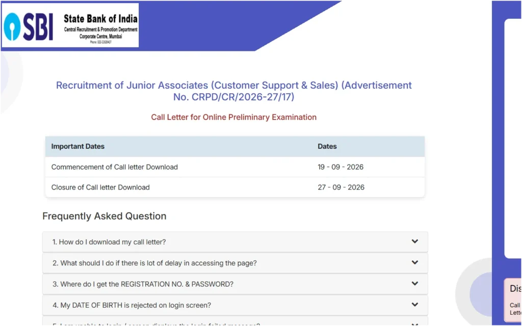 SBI Clerk Prelims Admit Card 2026 Out, Junior Associate (Regular) Call Letter Download Link 1 SBI Clerk Prelims Admit Card 2026 Out, Junior Associate Call Letter Download Link