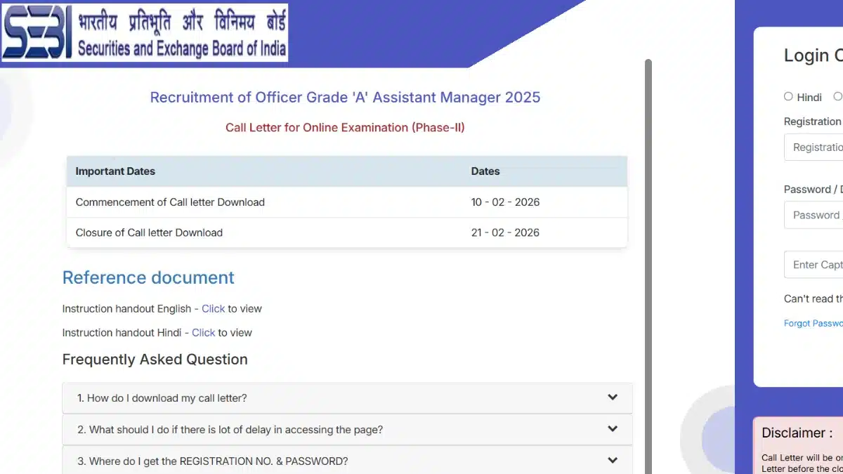 SEBI Grade A Phase 2 Admit Card 2026 Out, Assistant Manager Call Letter ...
