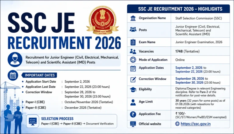 SSC JE Recruitment 2026 Notification Out for 1748 Junior Engineer Posts, Tier 1 exam date out 36 SSC JE Recruitment 2026 Notification Out for 1748 Posts, Apply Online Started