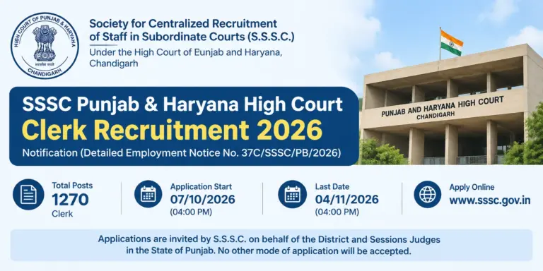 SSSC Punjab and Haryana High Court Clerk Recruitment 2026 for 1270 Vacancies – Apply Online Start 28 SSSC Punjab & Haryana High Court Clerk Recruitment 2026 Notification Out for 1270 Vacancies – Apply Online from 07 October