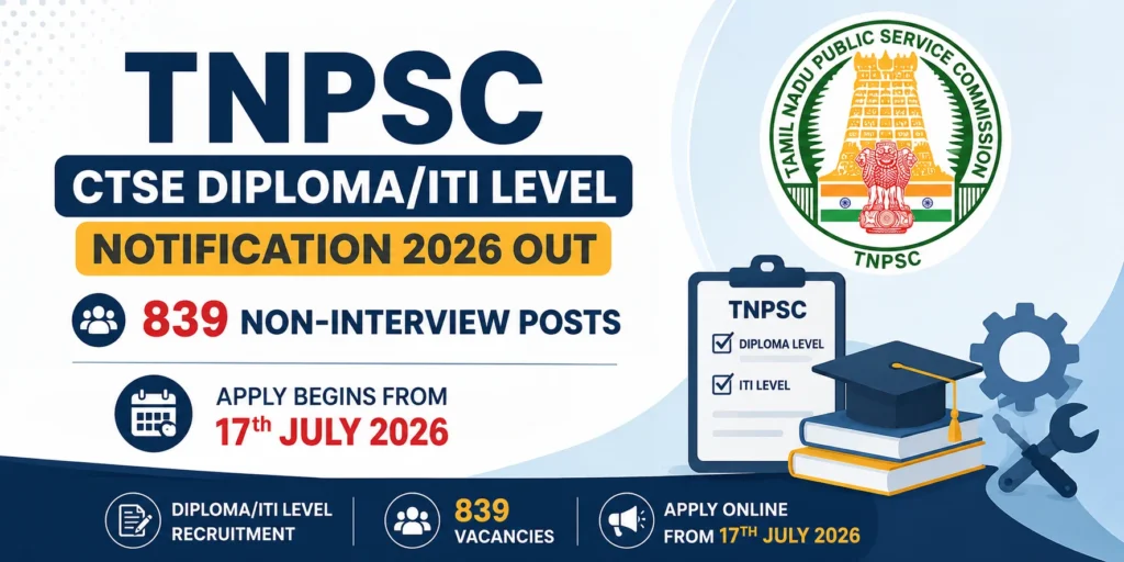 TNPSC CTSE Diploma/ITI Level Notification 2026 Out for 839 Non-Interview Posts, Apply Begins from at 17th July 1 TNPSC CTSE DiplomaITI Level Notification 2026 Out for 839 Non-Interview Posts, Apply Begins from at 17th July