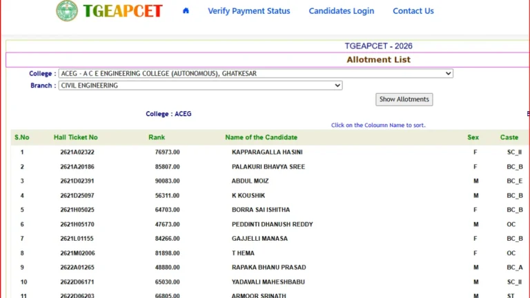 TS EAMCET Phase I Allotment Result 2026 Out, Check College-Wise Seat Allocation 2 TS EAMCET Phase I Allotment Result 2026 Out, Check College-Wise Seat Allocation