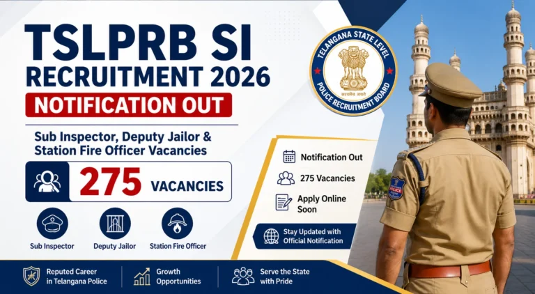 TSLPRB SI Recruitment 2026 Notification Out for 275 Sub Inspector, Deputy Jailor & Station Fire Officer Vacancies 28 TSLPRB SI Recruitment 2026 Notification Out for 275 Sub Inspector, Deputy Jailor & Station Fire Officer Vacancies