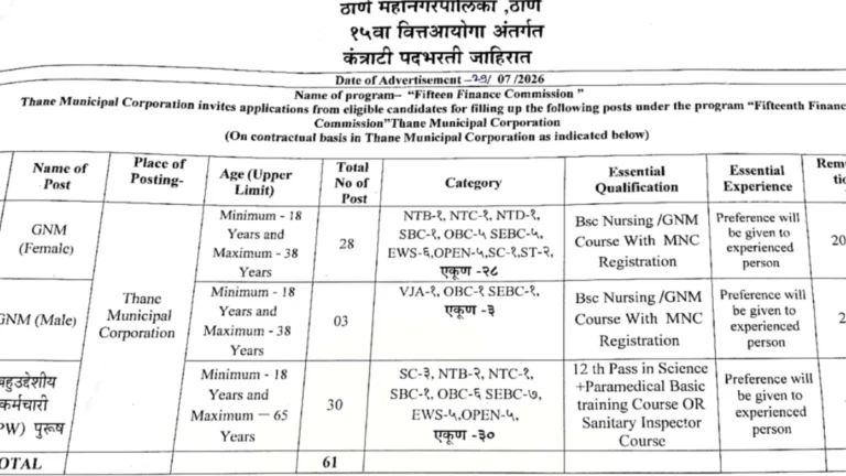 Thane Municipal Corporation Recruitment 2026 Out, Apply for 61 GNM & MPW Posts 11 Thane Municipal Corporation Recruitment 2026 Notification Out