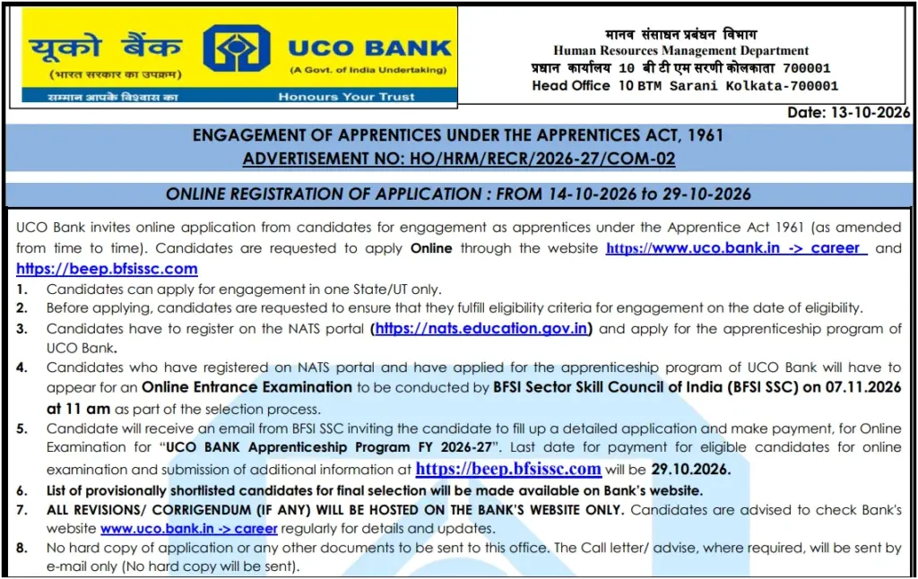 UCO Bank Apprentice Recruitment 2026 Notification and Online Form for 530 Posts 1 UCO Bank Apprentice Recruitment 2026 Notification and Online Form for 530 Posts