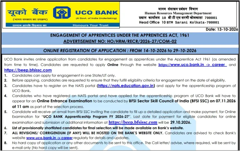 UCO Bank Apprentice Recruitment 2026 Notification and Online Form for 530 Posts 25 UCO Bank Apprentice Recruitment 2026 Notification and Online Form for 530 Posts