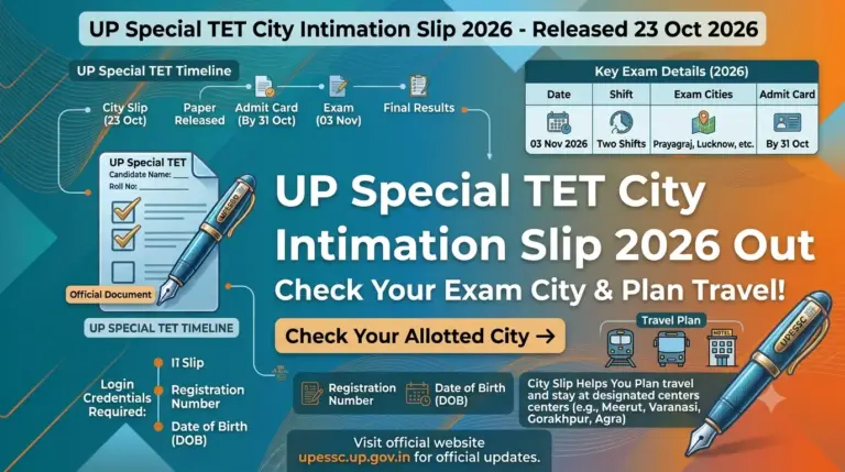 UP Special TET City Intimation Slip 2026 Out: Check City & Exam On November 3 5 UP Special TET City Intimation Slip 2026 Out Check City & Exam On November 3