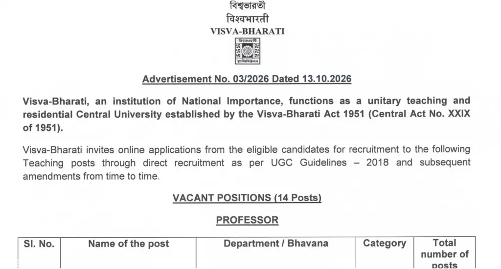 Visva-Bharati Professor & Assistant Professor Recruitment 2026 Out, Apply Online 1 Visva-Bharati Professor & Assistant Professor Recruitment 2026 Out, Apply Online