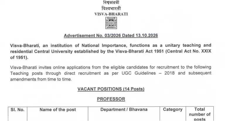 Visva-Bharati Professor & Assistant Professor Recruitment 2026 Out, Apply Online 13 Visva-Bharati Professor & Assistant Professor Recruitment 2026 Out, Apply Online