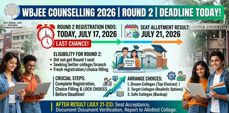 WBJEE Counselling 2026 Round 2 Registration Ends Today: Seat Allotment on July 21 15 WBJEE Counselling 2026 Round 2 Registration Ends Today