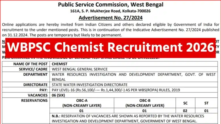 WBPSC Chemist Recruitment 2026 Notification Out, Apply Online by 4th April 31 WBPSC Chemist Recruitment 2026